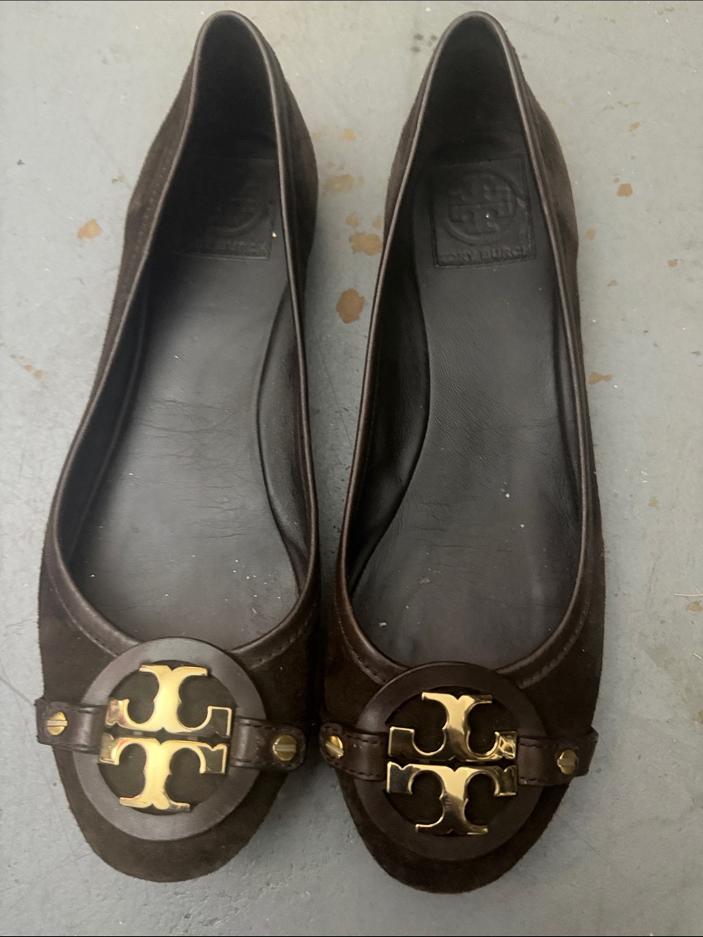 Tory Burch Dark Brown Suede Logo Round-Toe Flats